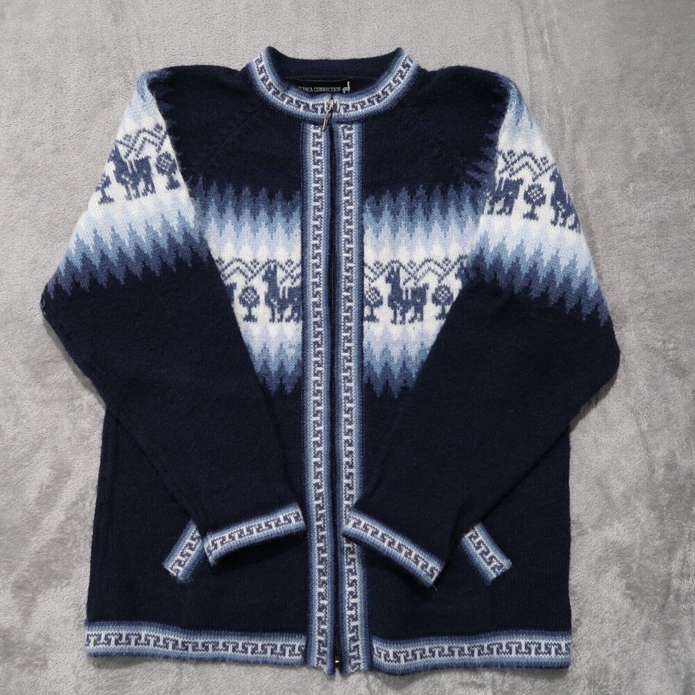 Alpaca Connections Sweater Womens L Blue Zip Up Knit Cardigan Sweatshirt Wool